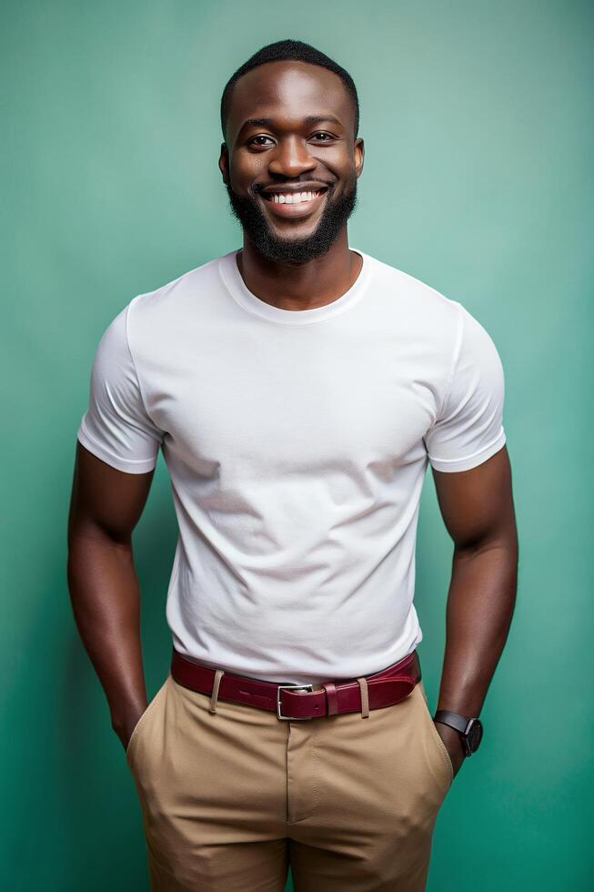 Nigerian Lean Healthy Working Professional, Stylish, Harmonious, Unisex T Shirt Mockup, Suitable For Design Mockups And Print Applications for E-commerce, Community, Creative Agency photo