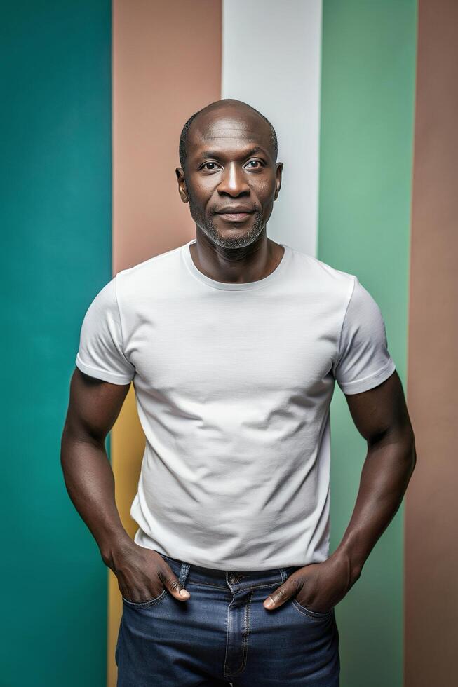 Kenyan Ectomorph Skinny Middle-Aged, Contemporary, Crisp, T Shirt Mockup Model, Mock Up T Shirt Concept for Portfolio, Restaurant, Events photo