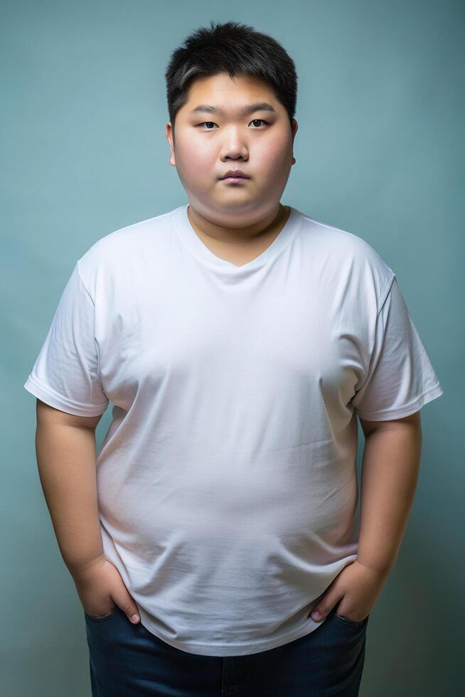 Japanese Obese Teen Boy, Refined, Streamlined, Mockup T Shirt Template, Universal Clothing for Educational, Photography, Fashion photo