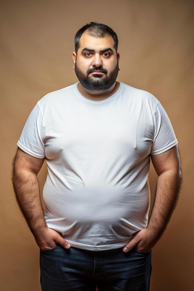 Egyptian Obese Middle-Aged, Timeless, Streamlined, Realistic T Shirt Mockup, T Shirt White Model for News, Wedding, Technology photo