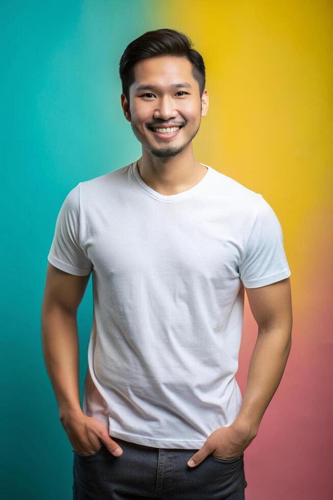 Malaysian Endomorph Fatty Working Professional, Sleek, Streamlined, T Shirt Mockup Model, Template Of Fashion Clothes for Portfolio, Photography, Creative Agency photo