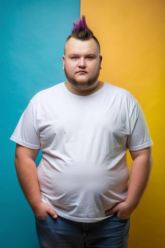 Dutch Overweight College Boy, Sleek, Distinctive, White Oversized T-Shirt With Blank Space, Suitable For Design Mockups And Print Applications for Educational, Real Estate, Events photo
