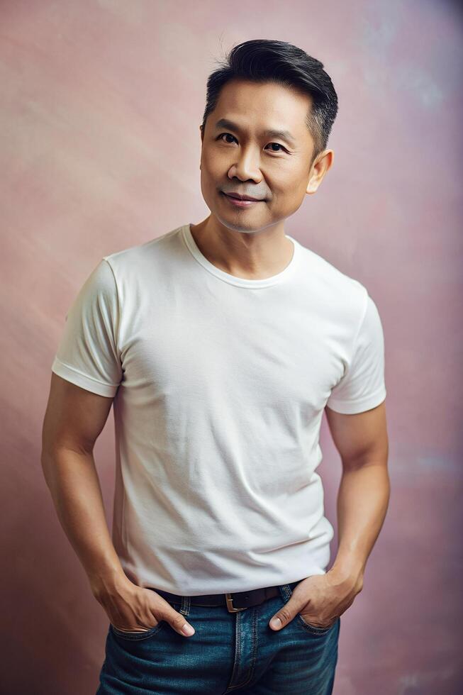 Filipino Lean Healthy Middle-Aged, Stylish, Simple, Unisex T Shirt Mockup, Template Of Fashion Clothes for Portfolio, Personal, Fashion photo
