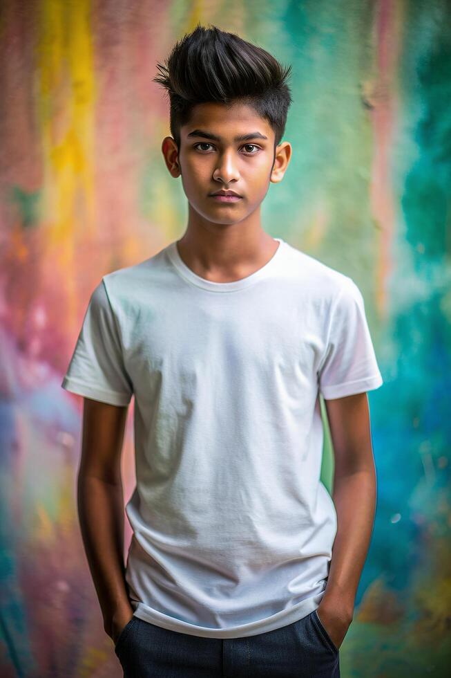 Bangladeshi Athletic Teen Boy, Refined, Futuristic, Mockup T Shirt Template, Template Of Fashion Clothes for Multi-purpose, Travel, Events photo