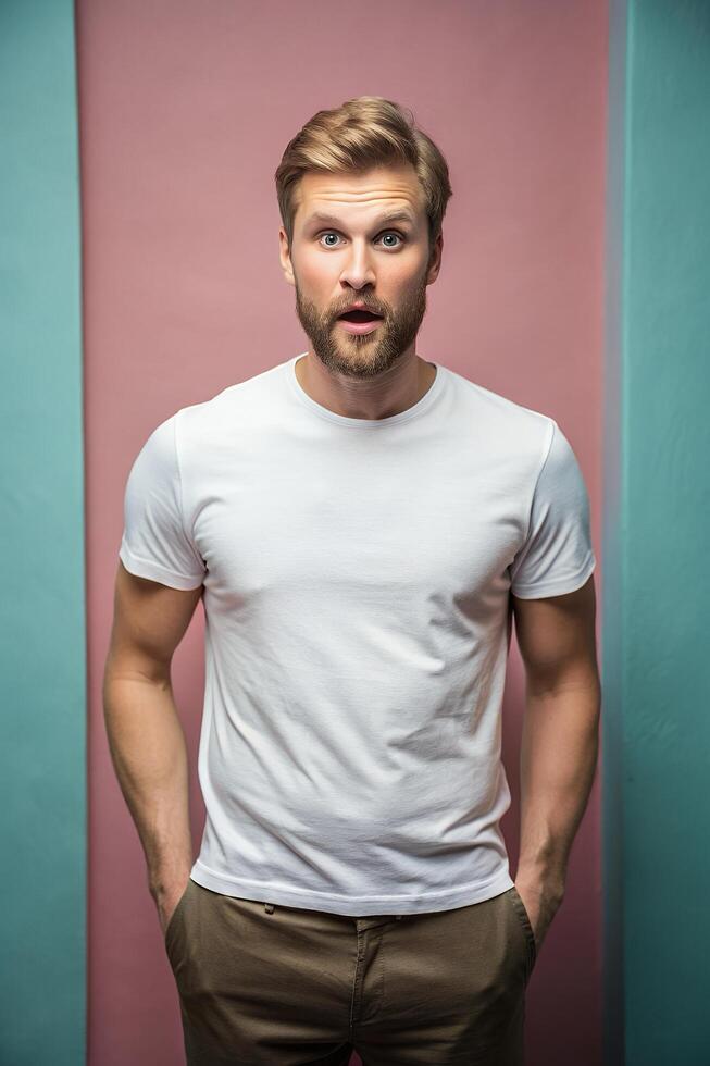Swedish Endomorph Fatty Working Professional, Refined, Harmonious, White Oversized T-Shirt With Blank Space, T Shirt White Model for Magazine, Entertainment, Technology photo