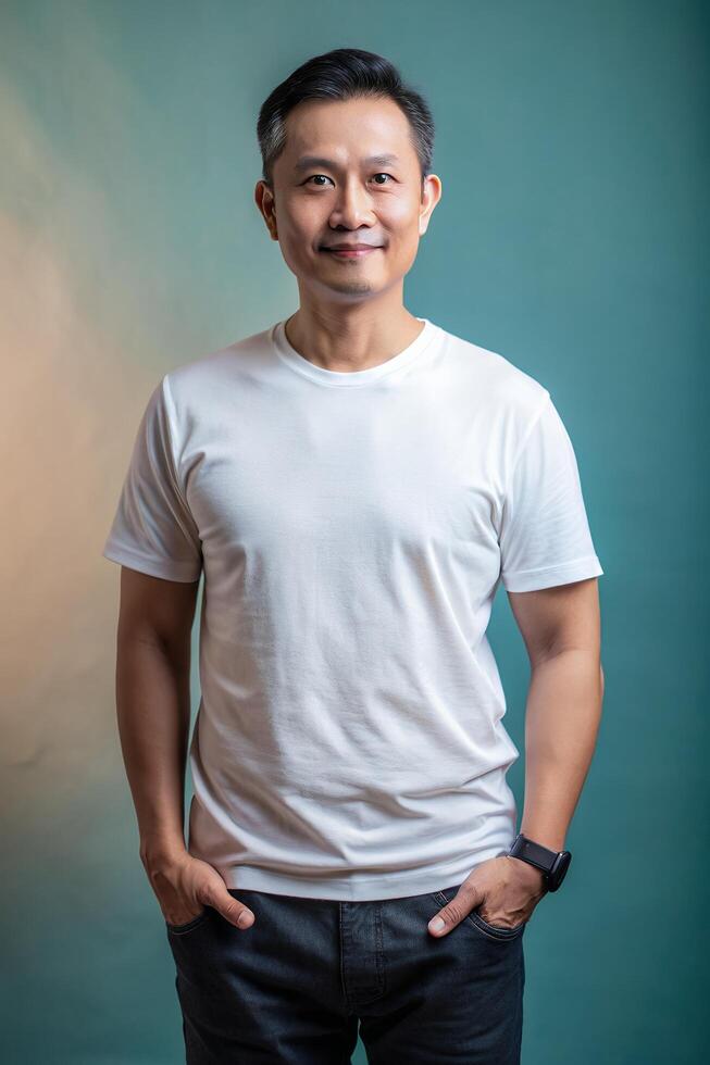 Malaysian Underweight Middle-Aged, Timeless, Harmonious, T Shirt Mockup Model, Ideal For A Mockup for Portfolio, Travel, Creative Agency photo