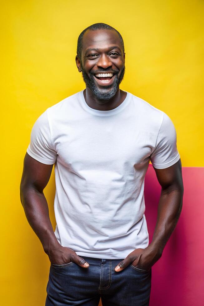 African Lean Healthy Middle-Aged, Sleek, Simple, Unisex T Shirt Mockup, Ideal For A Mockup for Retail, Marketplace, Fashion photo