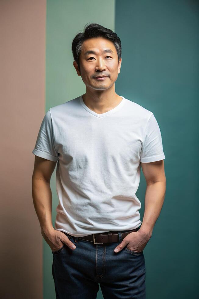 Korean Rectangular Middle-Aged, Stylish, Simple, T-Shirt 3D Rendering, White T-Shirt Ideal For Design Mockups And Apparel Presentations for E-commerce, Real Estate, Music photo