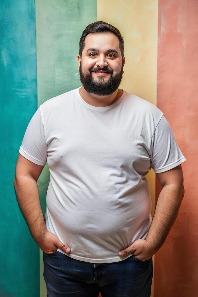 Brazilian Overweight Adult, Chic, Bold, Realistic T Shirt Mockup, White T-Shirt Ideal For Design Mockups And Apparel Presentations for Business, Community, Fashion photo