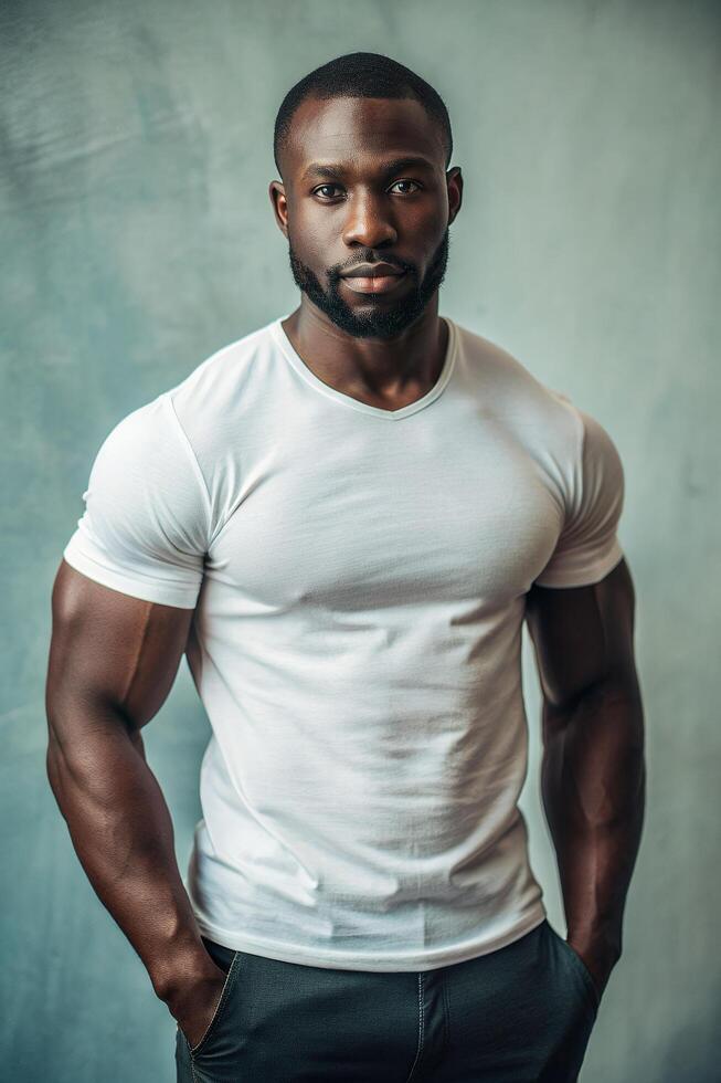 Nigerian Rectangular Gym Guy, Sleek, Streamlined, T-Shirt 3D Rendering, Template Of Fashion Clothes for Magazine, Personal, Events photo
