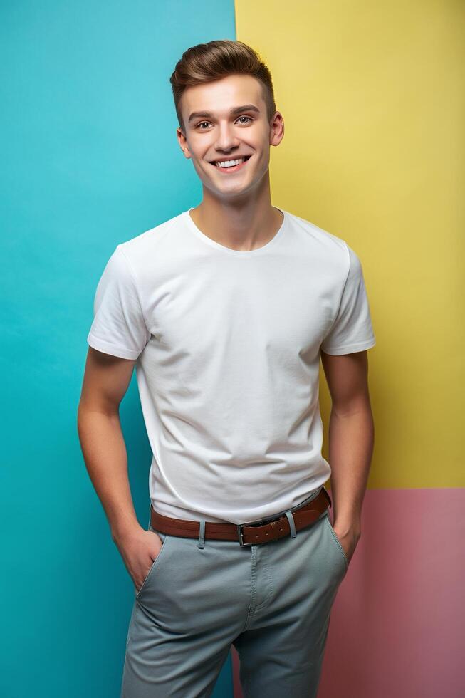 English Rectangular College Boy, Stylish, Futuristic, T-Shirt 3D Rendering, Suitable For Design Mockups And Print Applications for Corporate, Restaurant, Fashion photo