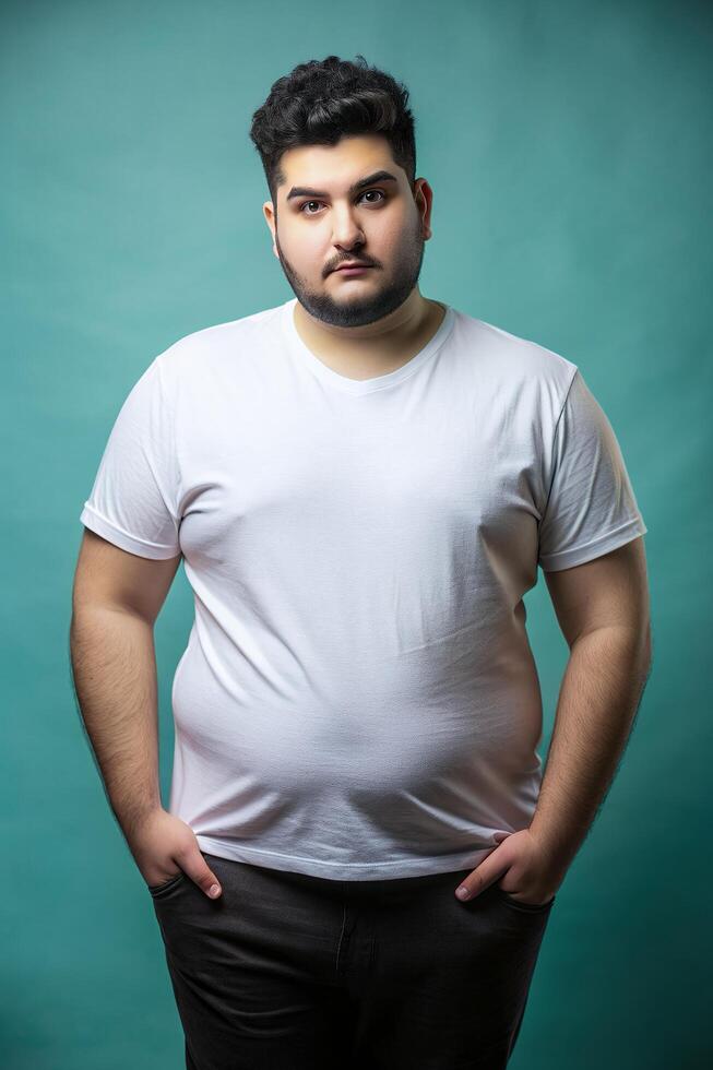 Turkish Overweight College Boy, Elegant, Polished, Unisex T Shirt Mockup, Ideal For A Mockup for News, Photography, Technology photo