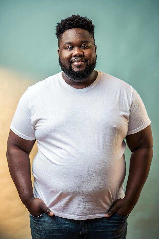 sur africano obeso gimnasio chico, fresco, equilibrado, Bosquejo t camisa plantilla, modelo de Moda ropa para minorista, restaurante, eventos foto