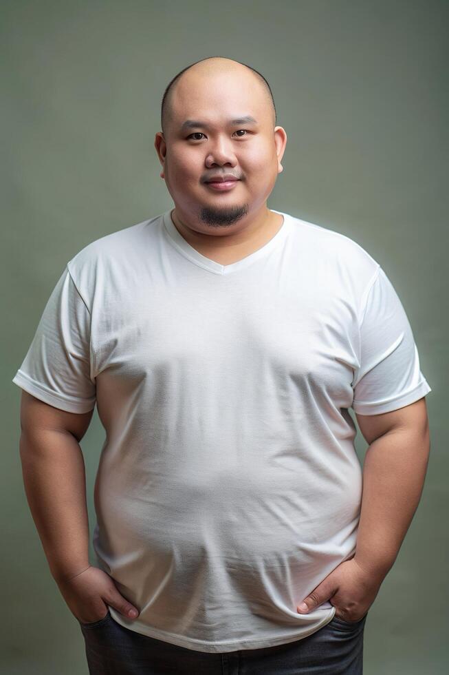 Indonesian Obese Working Professional, Timeless, Futuristic, White Oversized T-Shirt With Blank Space, Suitable For Design Mockups And Print Applications for Educational, Photography, Technology photo