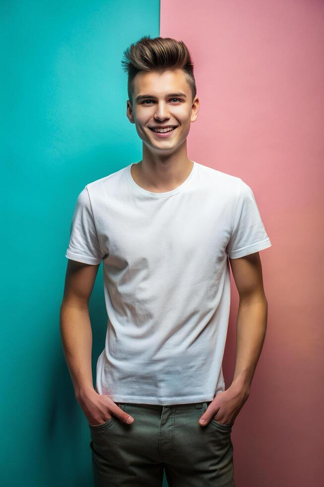 Dutch Lean Healthy College Boy, Elegant, Simple, Perfect For Fashion, Clothing, White T-Shirt Ideal For Design Mockups And Apparel Presentations for Portfolio, Non-profit, Events photo