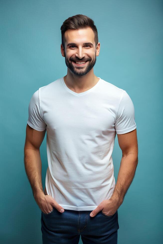 English Lean Healthy Working Professional, Refined, Futuristic, Mockup T Shirt Template, White T-Shirt Ideal For Design Mockups And Apparel Presentations for E-commerce, Photography, Fashion photo