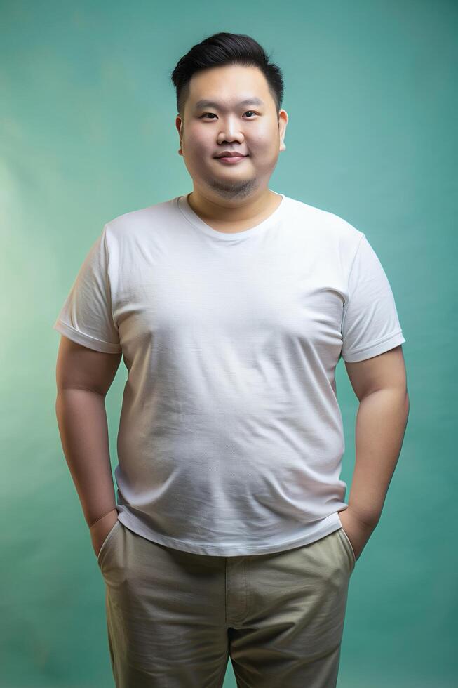 Vietnamese Overweight Adult, Elegant, Bold, T-Shirt 3D Rendering, Mock Up T Shirt Concept for E-commerce, Entertainment, Creative Agency photo