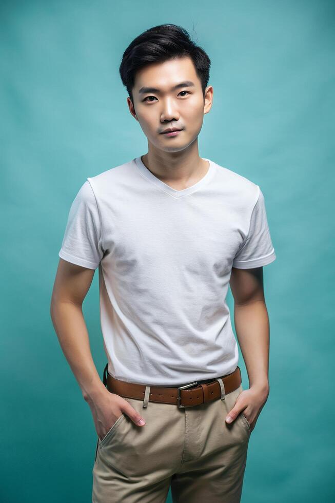 Vietnamese Endomorph Fatty College Boy, Refined, Futuristic, Half Sleeves, White T-Shirt Ideal For Design Mockups And Apparel Presentations for Magazine, Travel, Technology photo