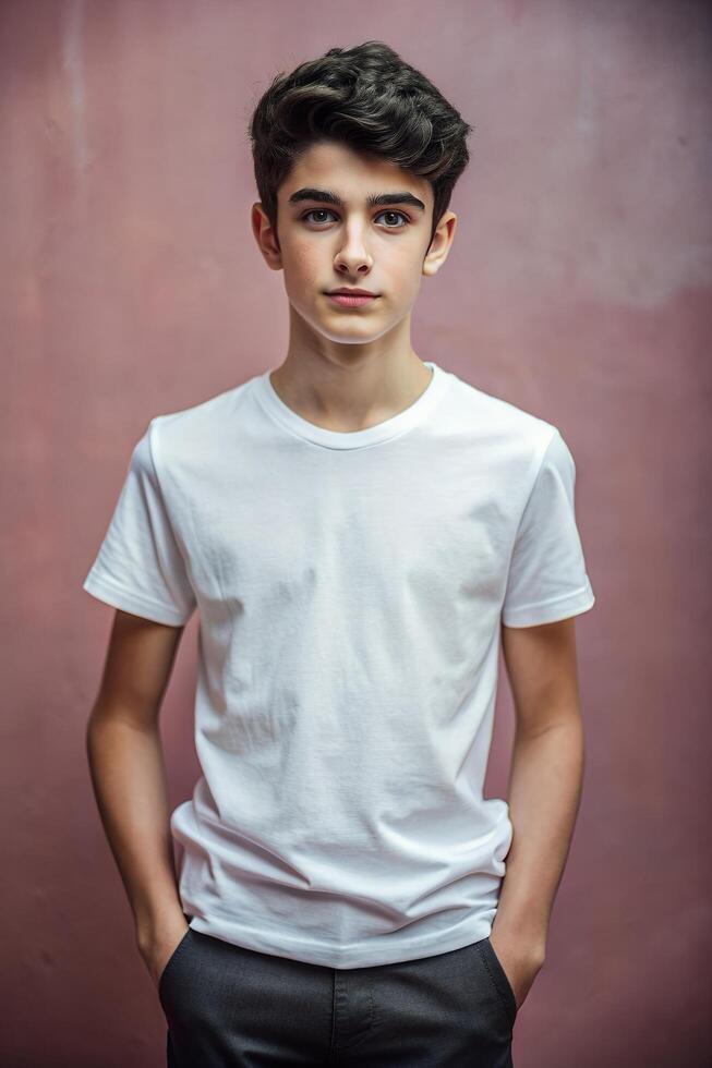 Spanish Lean Healthy Teen Boy, Timeless, Balanced, T-Shirt 3D Rendering, Suitable For Design Mockups And Print Applications for Educational, Photography, Technology photo
