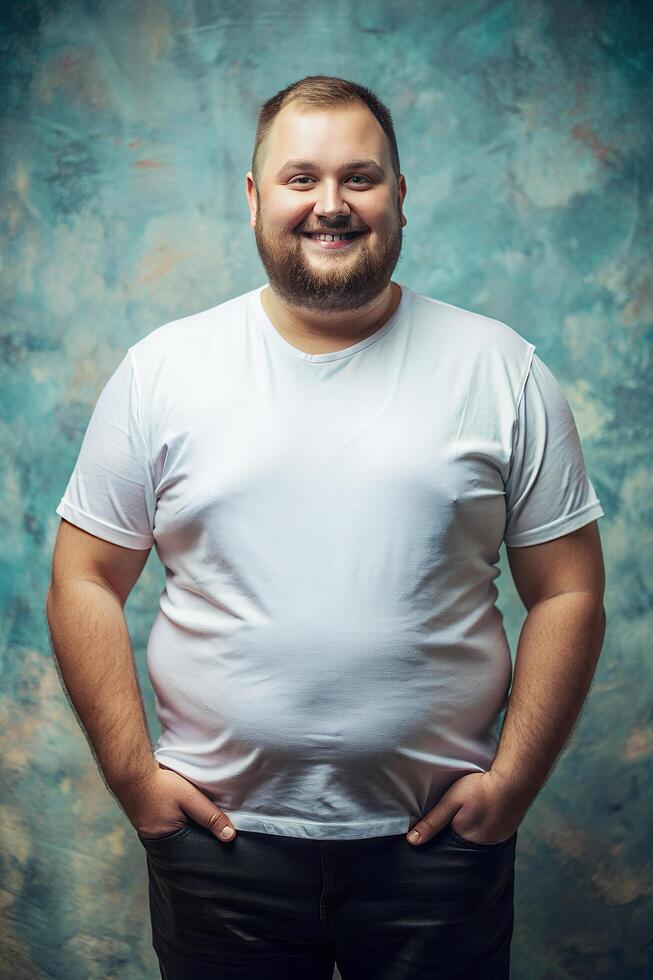 European Obese Working Professional, Sophisticated, Polished, Realistic T Shirt Mockup, T Shirt White Model for Business, Wedding, Music photo