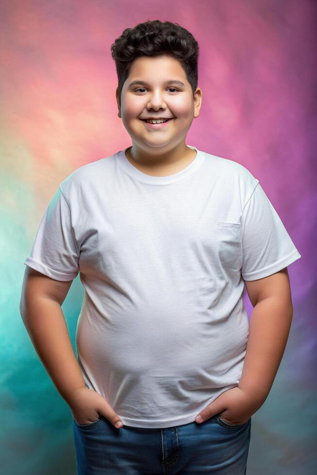Brazilian Obese Teen Boy, Contemporary, Balanced, Unisex T Shirt Mockup, T Shirt White Model for Educational, Travel, Creative Agency photo