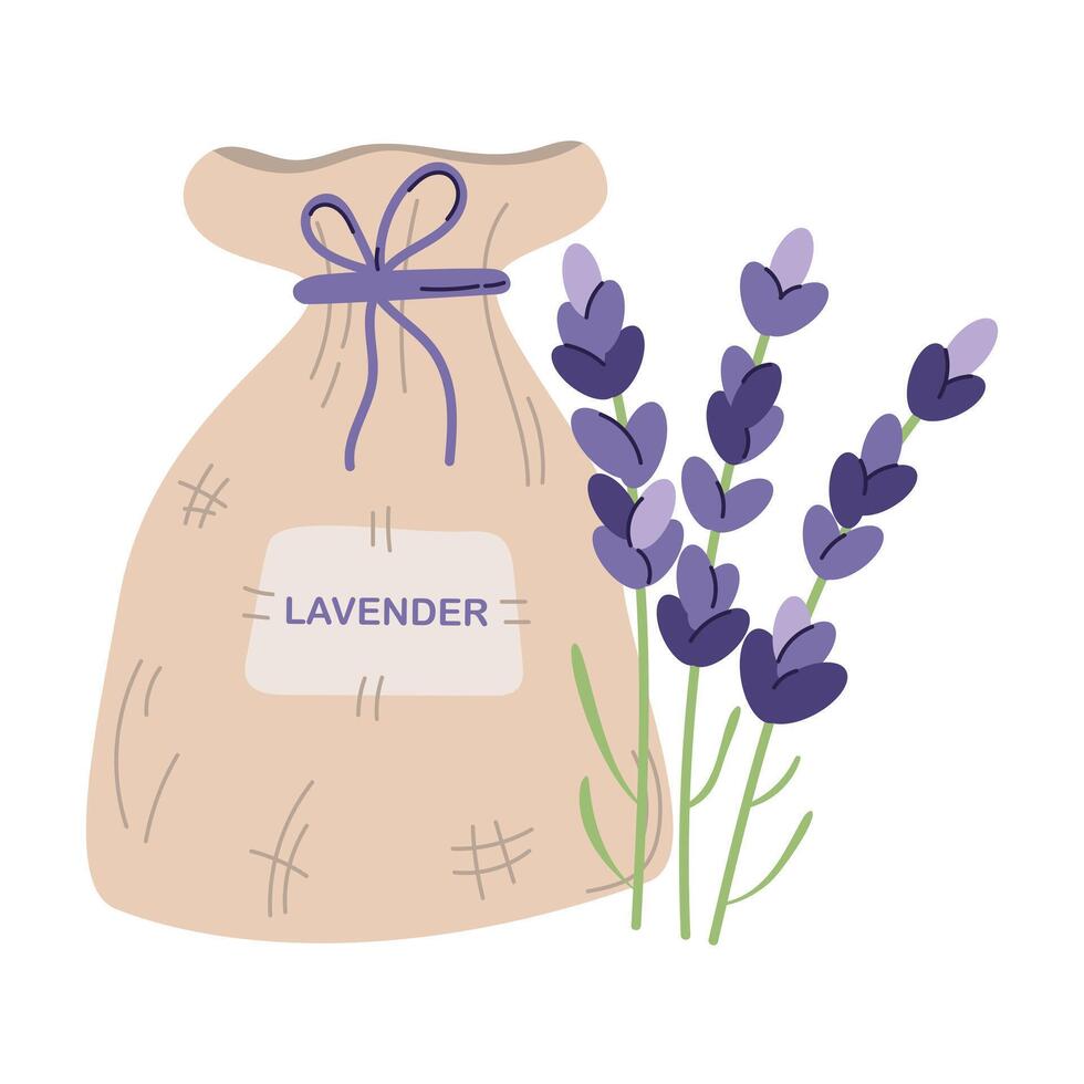 Canvas pouch with fragrant lavender, lavender flowers and green leaves, aromatic herb used in cooking or aromatherapy, flat illustration on white background vector
