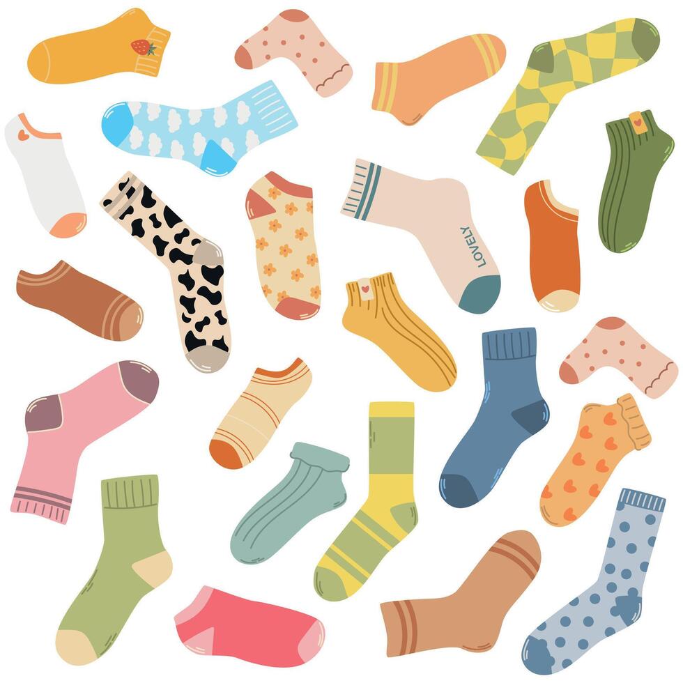 Socks of different colors and sizes, flat design, set of fashionable and modern socks vector