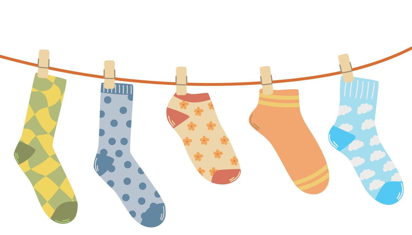 Socks on a rope, drying cotton socks on a rope, kids socks with textures and patterns, illustration of cotton products vector