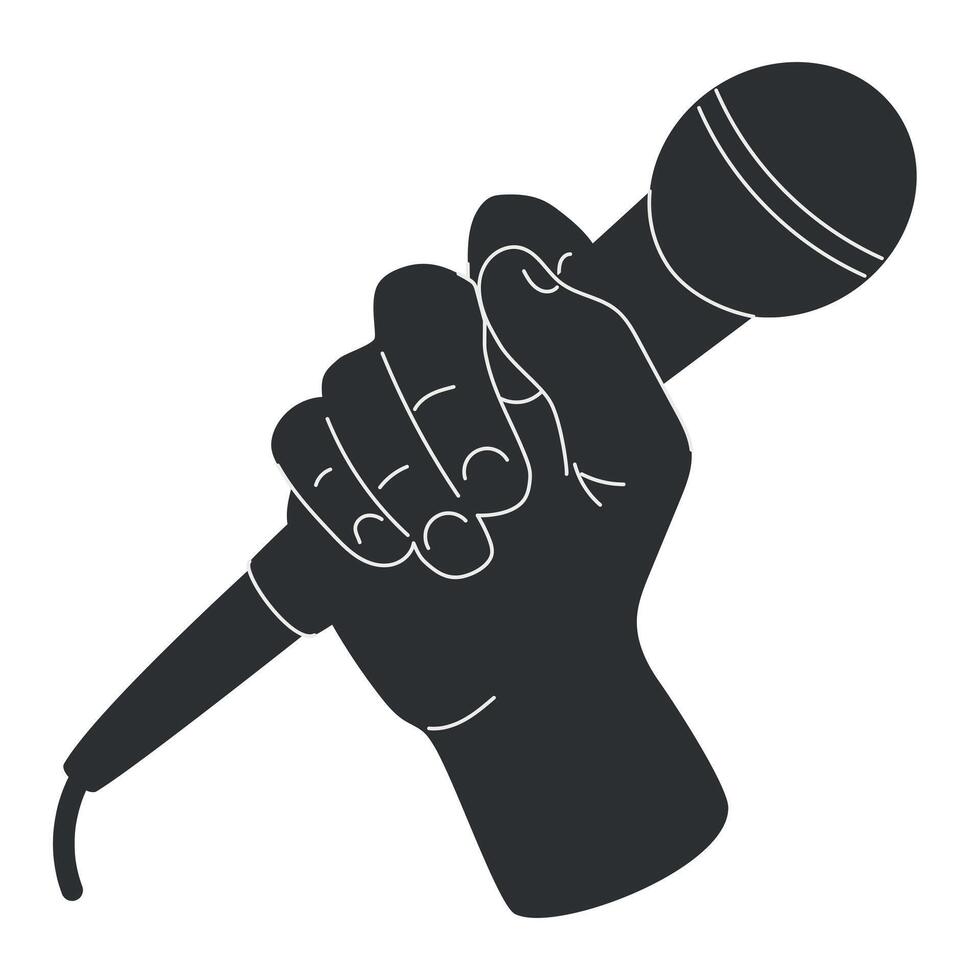 Microphone in hand, black-and-white, singing into microphone, presenter speaking into microphone, stand-up, illustration in flat style vector