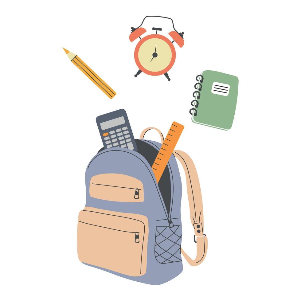 School backpack with stationery supplies, alarm clock, calculator, notebook, ruler and pencil, back to school vector