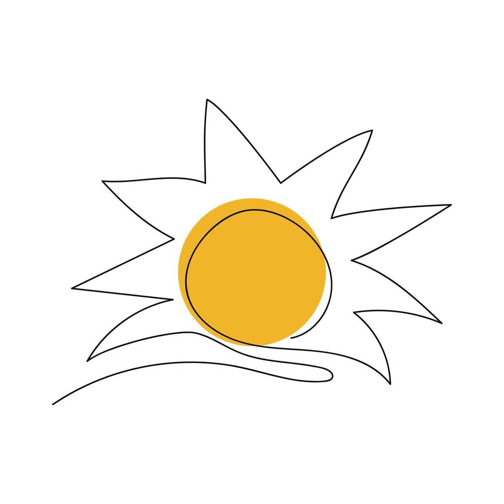 Sun continuous one line icon drawing on white background, hot temperature and summer travel symbol illustration in doodle style, sun outline line vector