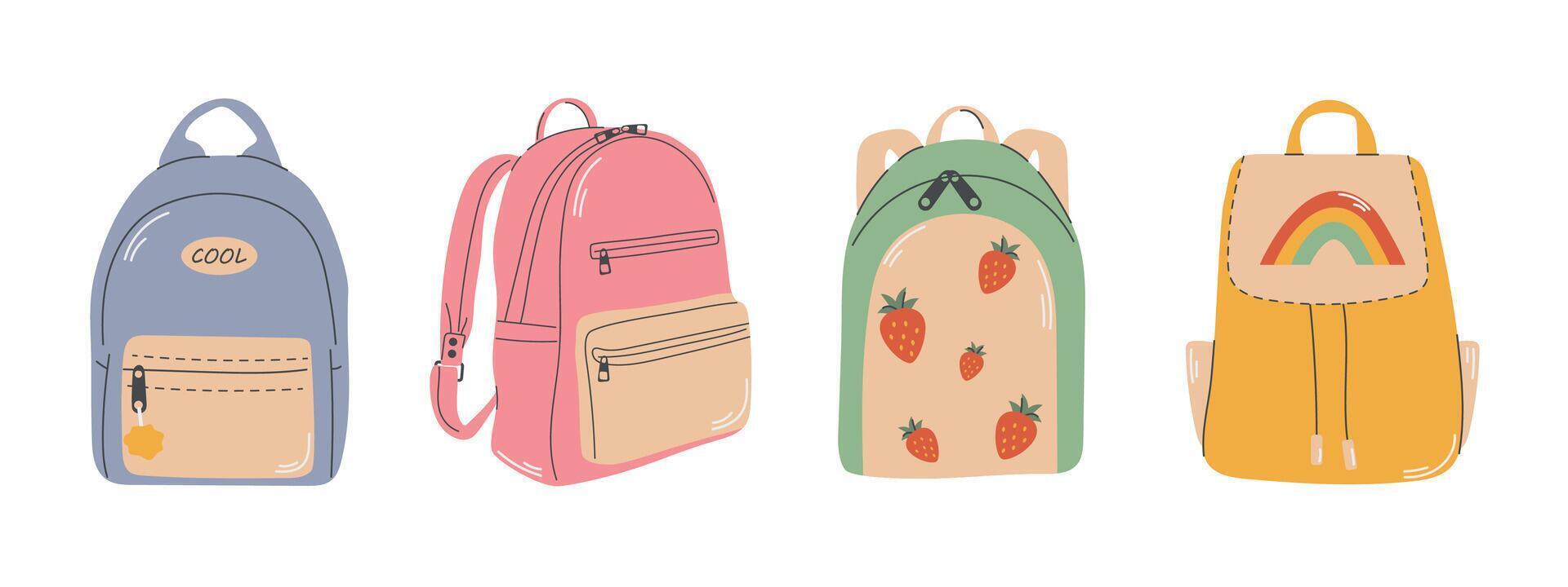 Set of school backpacks and satchels, collection of different kids bags isolated on white, different shapes of backpack, back to school vector
