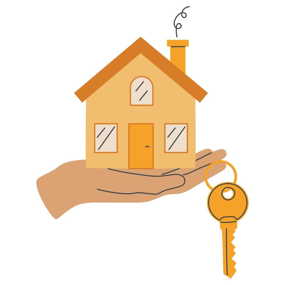 Buying a new home, real estate agent gives the buyer a house keychain, house and keys in hand vector
