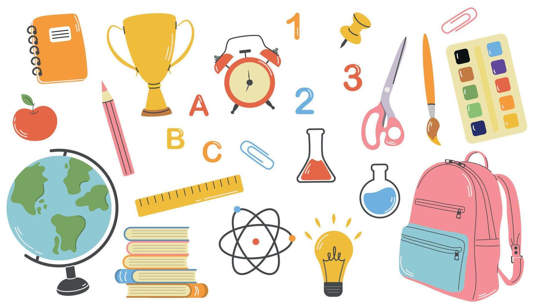 Back to school card with school supplies,backpack, pencils, notebook, microscope, illustration in flat style vector