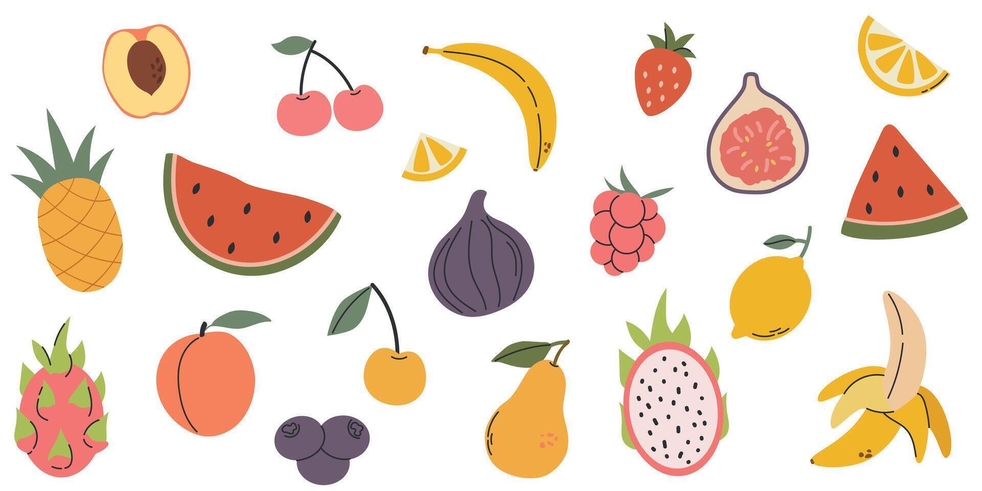 Set of different fruits and berries, collection of organic vitamins and healthy nutrition, watermelon, banana, peach vector