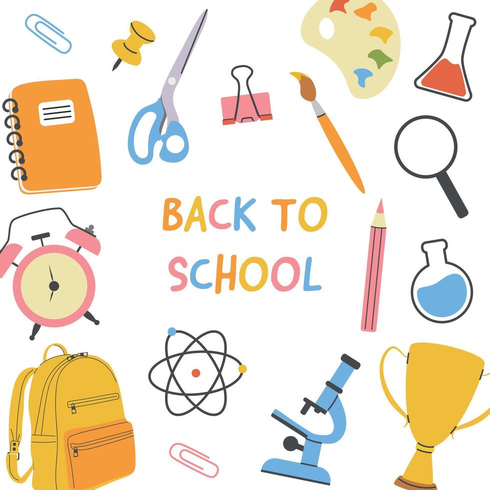 Back to school card with school supplies,backpack, pencils, notebook, microscope, illustration in flat style vector