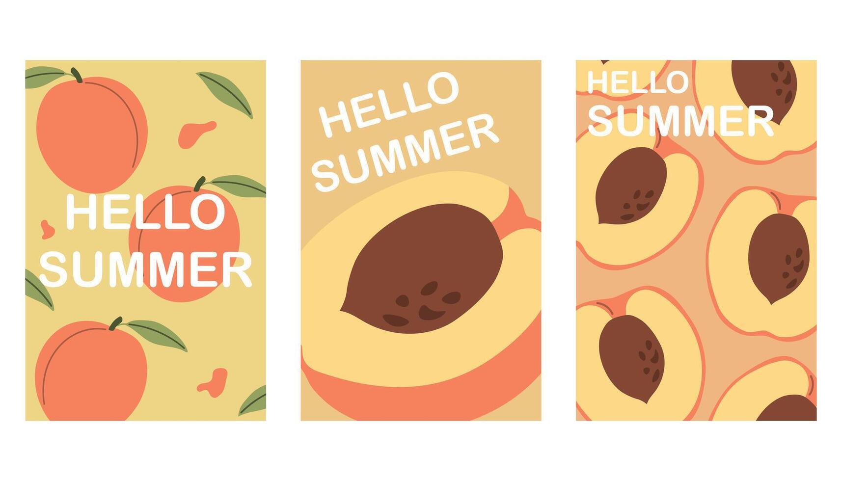 Summer poster with peach in flat style, hello summer, poster concept, postcard, wall art, banner background, summer cards set vector