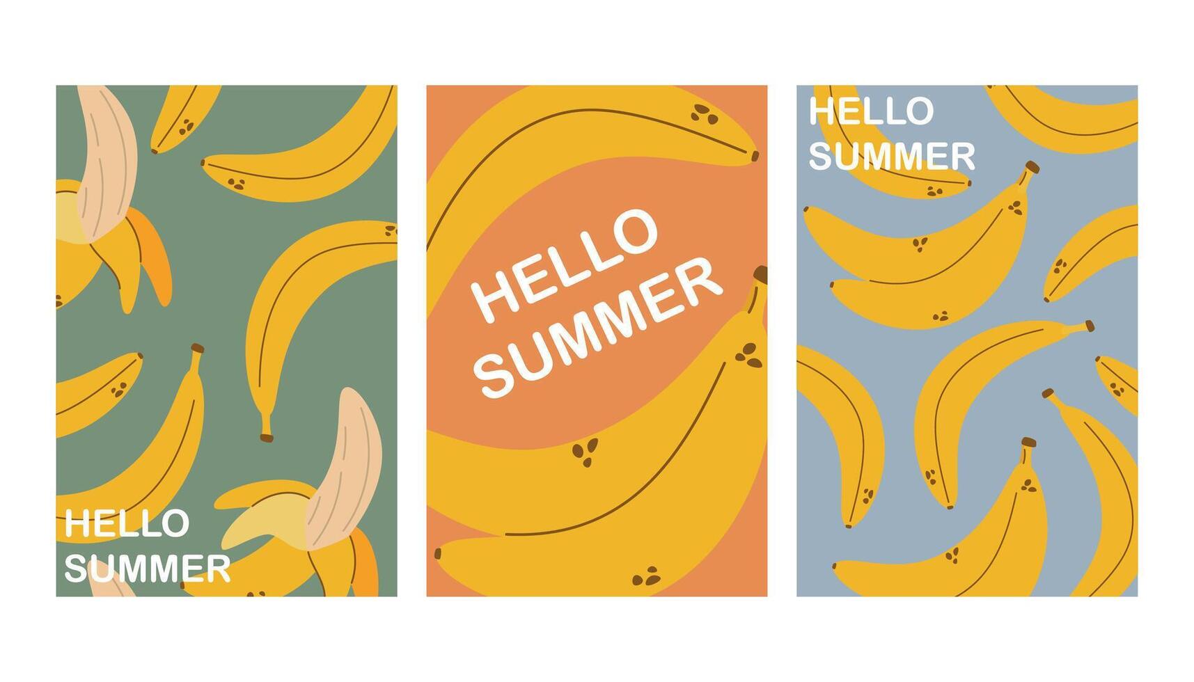 Summer poster with banana in flat style, hello summer, poster concept, postcard, wall art, banner background, summer cards set vector