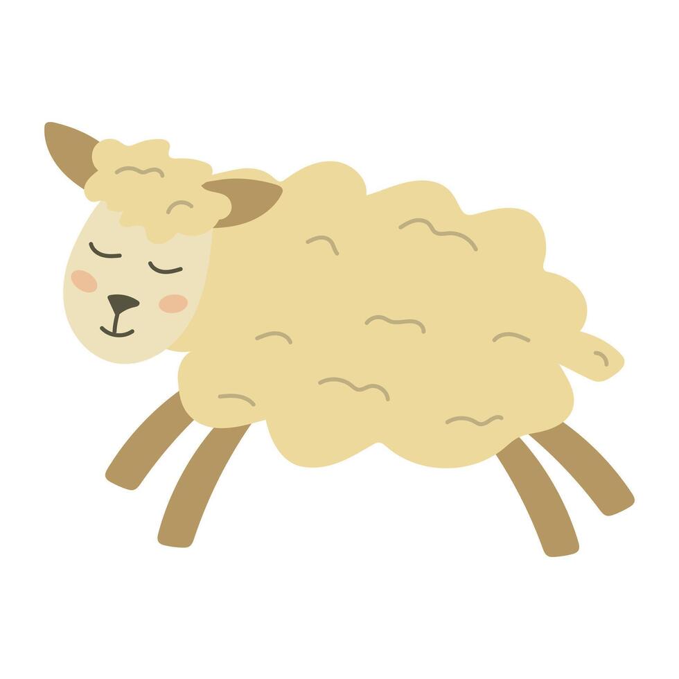 Happy fluffy sheep in flat design, cute little sheep, baby sticker, kids room interior vector