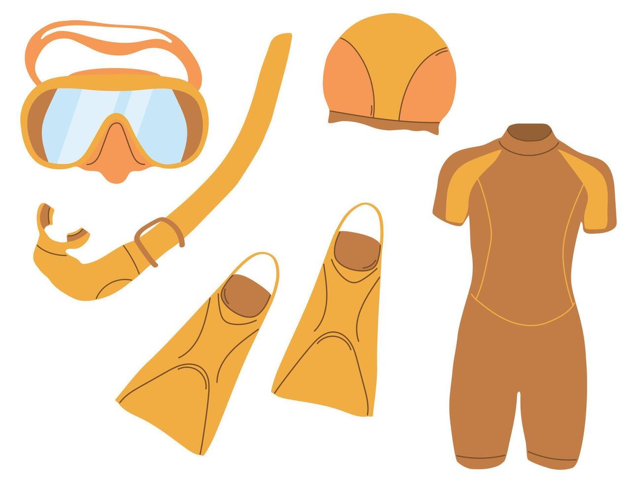 Diving set mask, cap, fins and swimsuit, snorkeling set, diving set, swimming items vector