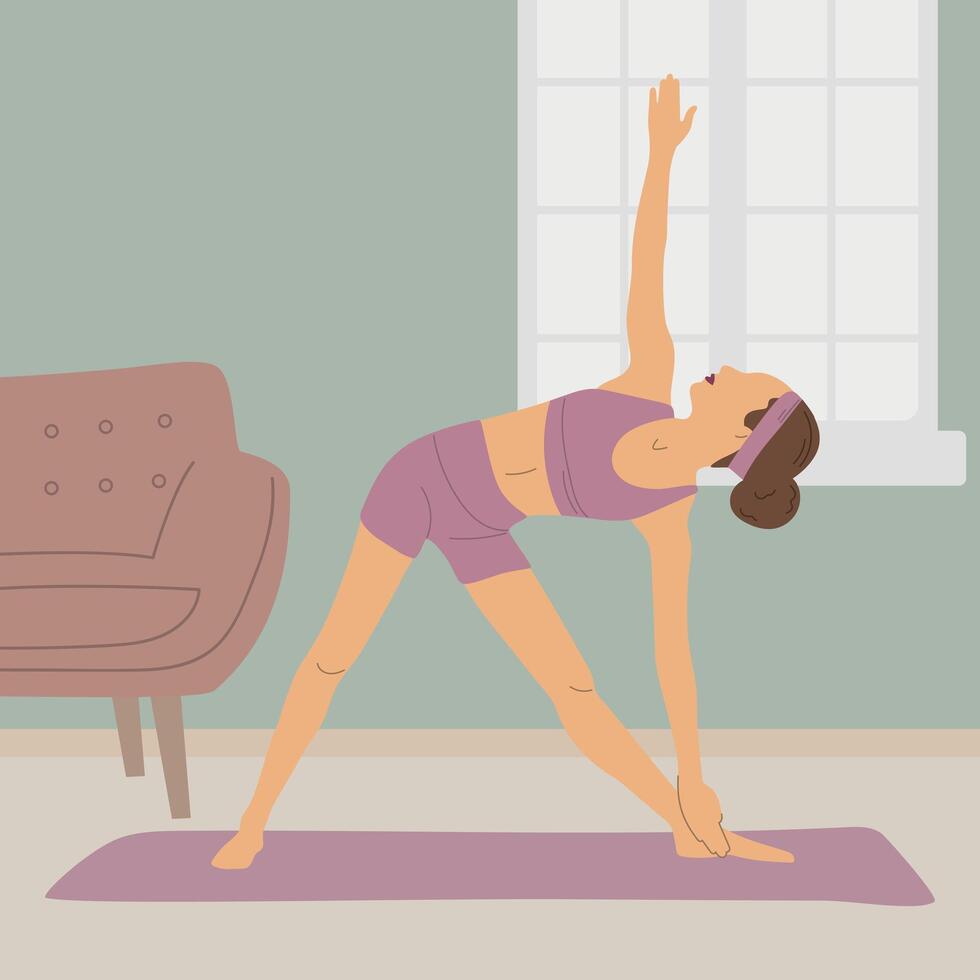 Illustration of a woman doing yoga at home, exercise concept in flat style, fitness at home vector