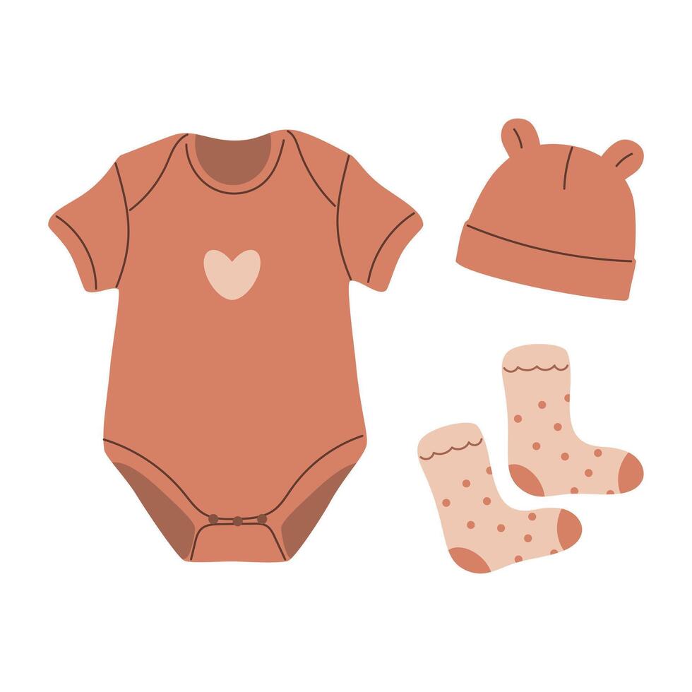 Collection of baby clothes cap, socks and bodysuit, clothes for babies vector