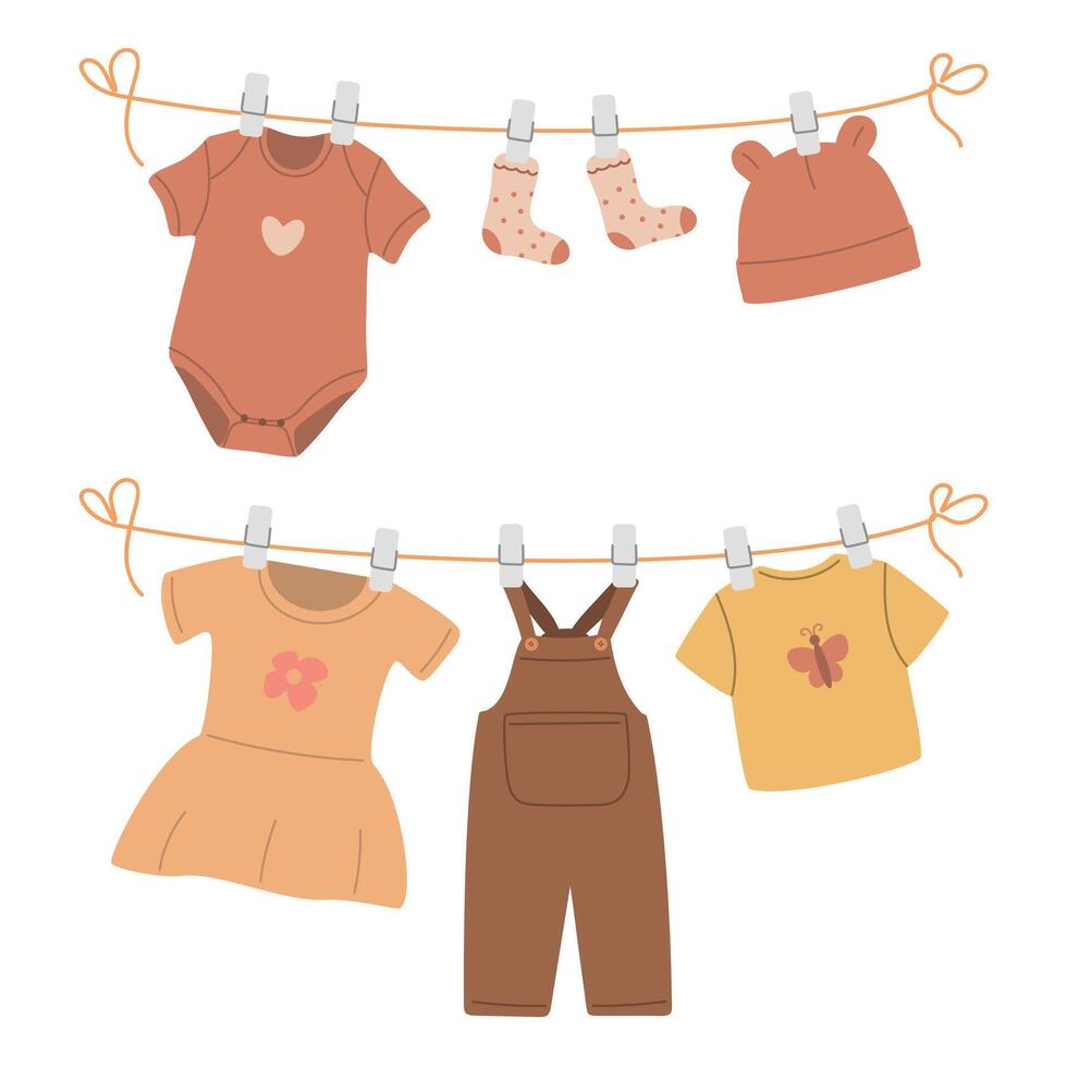 Baby clothes on a clothesline, clothes, socks, dresses, overalls, cap, and t-shirt hanging on a clothesline, baby clothes drying on clothespins set vector