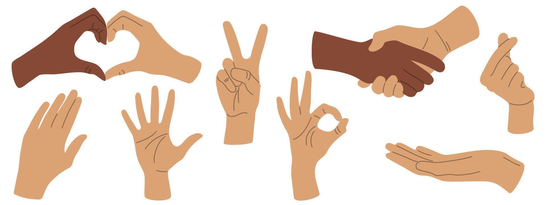 Set of hands in doodle style, human hands isolated, different hands of man and woman showing heart sign vector