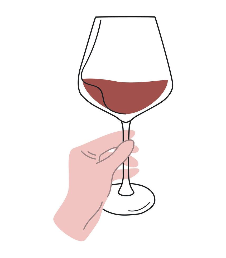 Red wine in a glass, hand holding a glass on a stem, hand raised up with an alcoholic drink in a goblet, flat graphic illustration on a white background vector