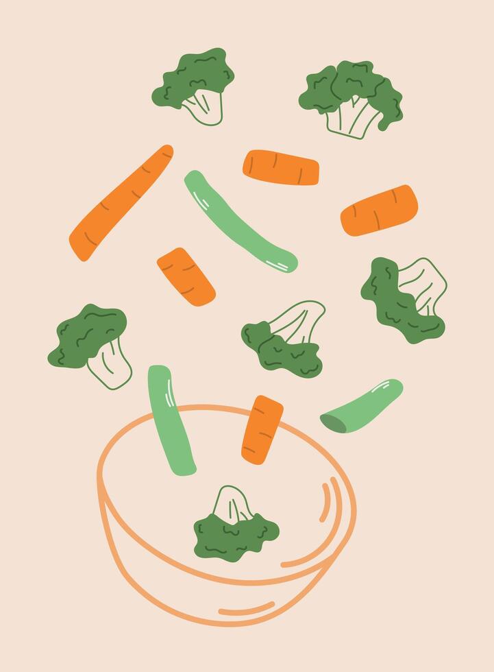 Vegetables on a plate carrots, broccoli and green beans, healthy eating concept, flat illustration vector