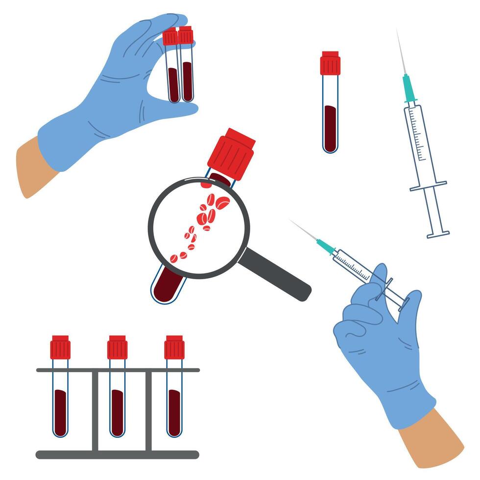 Set of illustrations of medical tests. Chemical testing of patient blood samples, medical test tubes with blood samples, blood donation, laboratory research concept vector