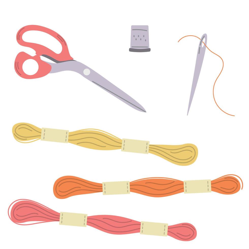 Set of skeins of thread, floss, needles, craft supplies flat illustration isolated on white vector