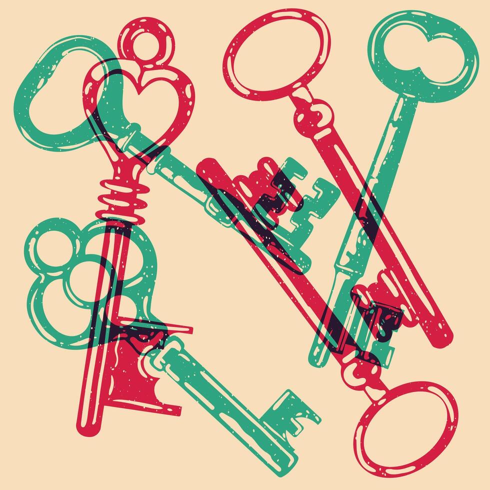 Keys. illustration with riso print effect. Graphic element for fabric, textile, clothing, wrapping paper, wallpaper, poster. vector