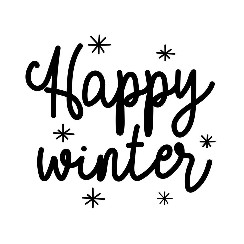 Handwritten inscription, words-Happy winter. Winter design background. Vector Illustration. Text black-and-white illustration. Isolated on a white background with simple snowflakes.